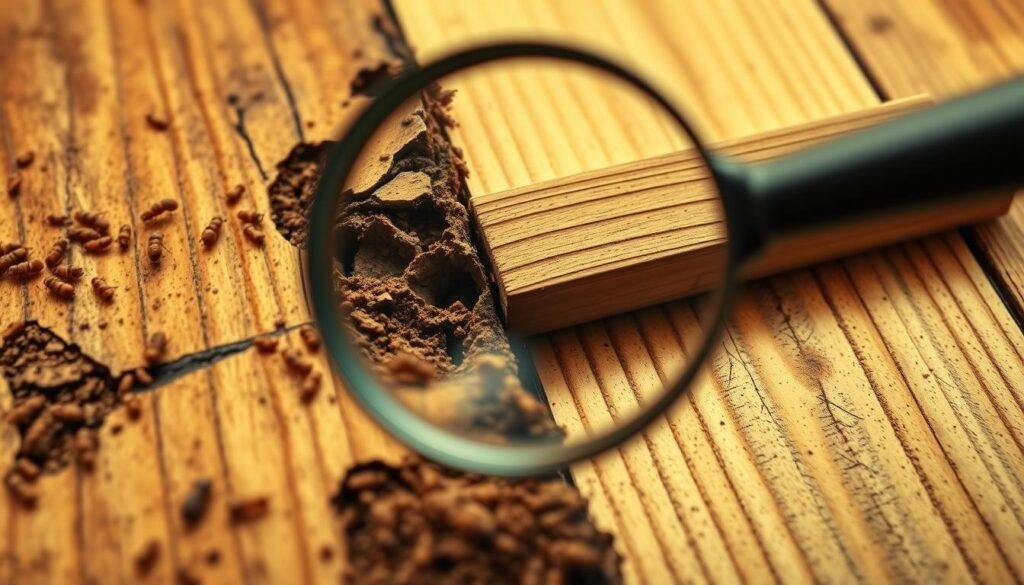 A close-up view of a termite-infested wooden structure, its surface riddled with tunnels and decay. In the foreground, a magnifying glass hovers over the damaged wood, emphasizing the importance of early detection. The middle ground features a contrasting healthy wooden plank, highlighting the stark difference. The background is shrouded in a warm, sepia-toned lighting, conveying a sense of urgency and the need for prompt action. The image is captured with a shallow depth of field, focusing the viewer's attention on the critical details of the termite infestation. A close-up view of a termite-infested wooden structure, its surface riddled with tunnels and decay. In the foreground, a magnifying glass hovers over the damaged wood, emphasizing the importance of early detection. The middle ground features a contrasting healthy wooden plank, highlighting the stark difference. The background is shrouded in a warm, sepia-toned lighting, conveying a sense of urgency and the need for prompt action. The image is captured with a shallow depth of field, focusing the viewer's attention on the critical details of the termite infestation.
