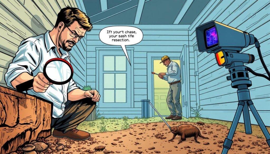 A detailed, well-lit interior scene showcasing various methods for inspecting a property for signs of subterranean termite infestation. In the foreground, a professional home inspector examines the foundation and exterior walls with a magnifying glass, searching for mud tubes and other telltale signs. In the middle ground, an inspector probes the soil around the home with a metal rod, checking for hollow or damaged areas. In the background, an infrared camera scans the walls, detecting any hidden pockets of activity. The lighting is bright and natural, accentuating the textures and details. The overall mood is one of systematic, thorough investigation, conveying the importance of a comprehensive termite inspection. A detailed, well-lit interior scene showcasing various methods for inspecting a property for signs of subterranean termite infestation. In the foreground, a professional home inspector examines the foundation and exterior walls with a magnifying glass, searching for mud tubes and other telltale signs. In the middle ground, an inspector probes the soil around the home with a metal rod, checking for hollow or damaged areas. In the background, an infrared camera scans the walls, detecting any hidden pockets of activity. The lighting is bright and natural, accentuating the textures and details. The overall mood is one of systematic, thorough investigation, conveying the importance of a comprehensive termite inspection.