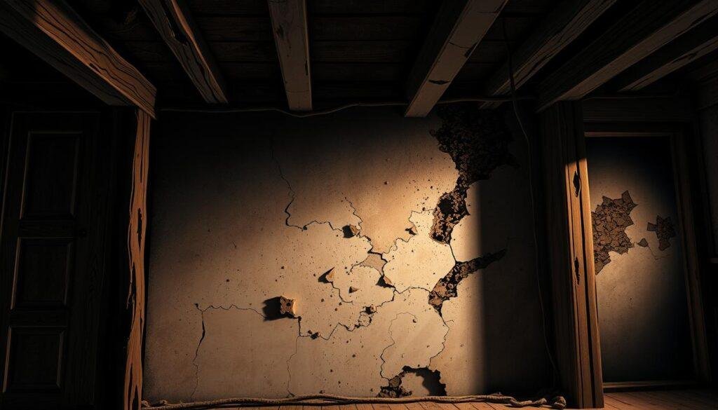 A dimly lit interior space, showcasing the telltale signs of subterranean termite damage. The foreground features exposed wood beams with intricate patterns of tunnels and galleries, revealing the devastation wrought by these pernicious pests. The middle ground displays a weathered, crumbling drywall surface, punctuated by the telltale mud tubes that serve as the termites' pathways. In the background, a shadowy corner hints at the broader extent of the infestation, casting an ominous atmosphere. The lighting is soft and moody, emphasizing the textural details and the sense of decay. The overall composition conveys the urgent need to address this insidious threat to the structural integrity of the building. Subterranean Termites in Florida