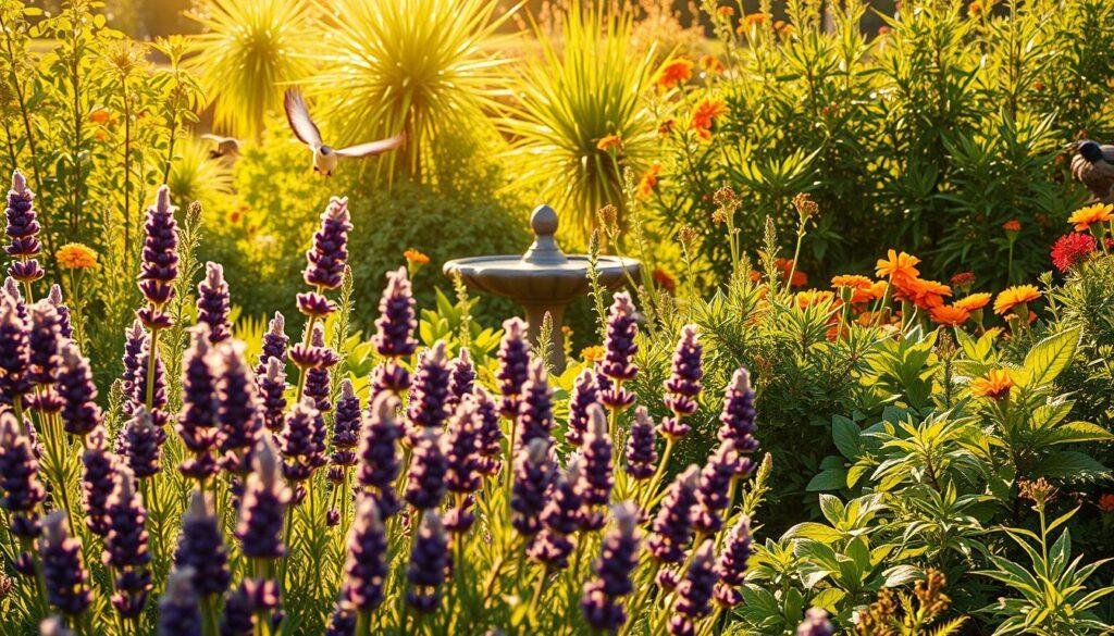 A lush garden filled with natural pest control plants, bathed in warm, golden afternoon light. In the foreground, a cluster of fragrant, purple-flowered lavender plants sway gently. Surrounding them, a variety of herbs like rosemary, thyme, and basil thrive, their vibrant green leaves rustling in the breeze. In the middle ground, a bird bath attracts a variety of local songbirds, who flit from branch to branch, their feathers catching the sun's rays. In the background, a row of tall, leafy plants like marigolds and chrysanthemums stand guard, their bright blooms deterring harmful insects. The overall scene evokes a sense of balance and harmony, where nature's own defenses against pests are on full display.