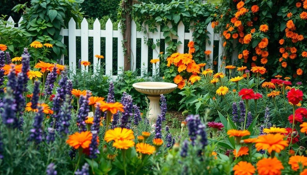 A lush, natural garden scene with a variety of pet-friendly plants and herbs that serve as effective, non-toxic pest control. In the foreground, an array of vibrant marigolds, lavender, and rosemary fills the frame, their strong scents deterring common garden pests. In the middle ground, a small bird bath is surrounded by thriving basil and mint plants, their leaves gently swaying in a soft, natural light. In the background, a picket fence is adorned with climbing vines and trailing nasturtiums, creating a sense of lush abundance. The overall atmosphere is one of verdant tranquility, showcasing how homeowners can cultivate a beautiful, pest-free outdoor space that is entirely safe for their beloved pets.