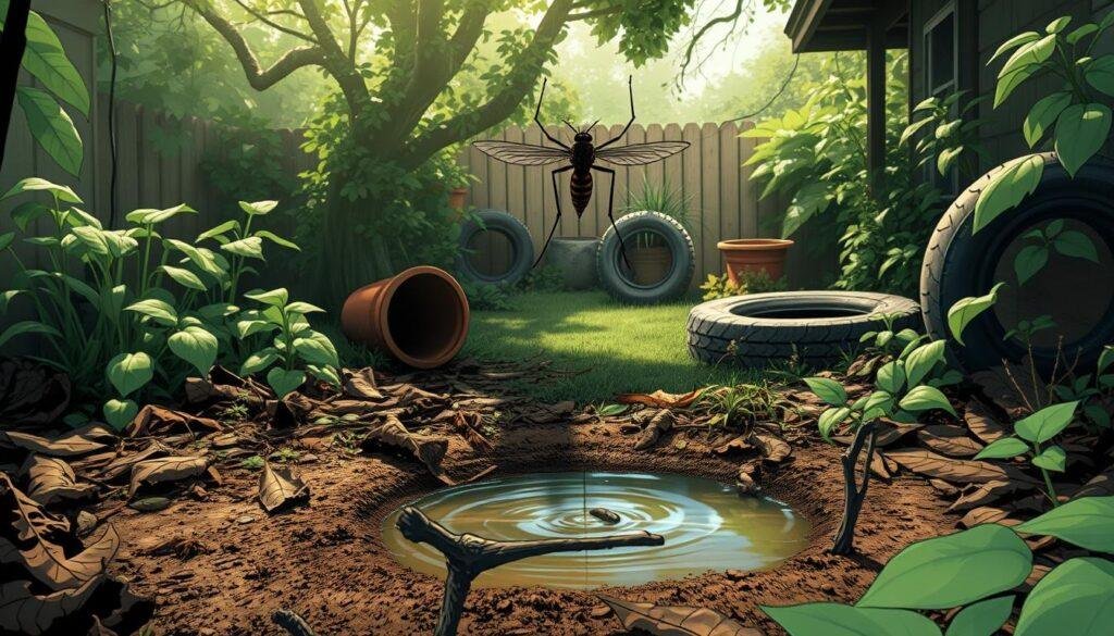 A lush, overgrown backyard scene with stagnant pools of water, decaying leaves, and damp soil. In the foreground, a close-up view of a mosquito hovering over a small puddle, its body casting a long shadow. The middle ground features a variety of potential breeding sites, such as overturned plant pots, clogged gutters, and tire treads filled with rainwater. The background is hazy and softly focused, suggesting a warm, humid atmosphere. The lighting is natural, with dappled sunlight filtering through the dense vegetation, creating a moody, almost ominous tone. A lush, overgrown backyard scene with stagnant pools of water, decaying leaves, and damp soil. In the foreground, a close-up view of a mosquito hovering over a small puddle, its body casting a long shadow. The middle ground features a variety of potential breeding sites, such as overturned plant pots, clogged gutters, and tire treads filled with rainwater. The background is hazy and softly focused, suggesting a warm, humid atmosphere. The lighting is natural, with dappled sunlight filtering through the dense vegetation, creating a moody, almost ominous tone.
