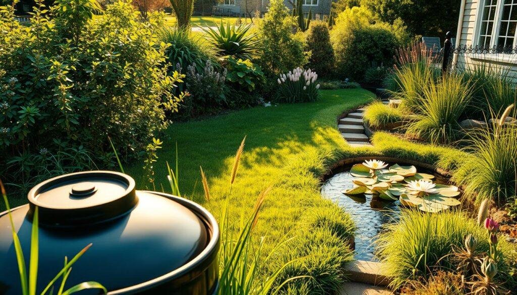 A lush, verdant backyard with a well-designed water management system. In the foreground, a rain barrel collects runoff from the roof, its surface reflecting the sunlight. In the middle ground, a carefully constructed drainage swale channels excess water away from the home, its gently sloping sides blanketed with native grasses and wildflowers. The background features a small, neatly maintained pond, its surface dotted with water lilies, providing a natural habitat for beneficial insects and amphibians. The scene is bathed in warm, golden afternoon light, creating a serene and harmonious atmosphere that invites viewers to envision effective water management strategies for their own homes. A lush, verdant backyard with a well-designed water management system. In the foreground, a rain barrel collects runoff from the roof, its surface reflecting the sunlight. In the middle ground, a carefully constructed drainage swale channels excess water away from the home, its gently sloping sides blanketed with native grasses and wildflowers. The background features a small, neatly maintained pond, its surface dotted with water lilies, providing a natural habitat for beneficial insects and amphibians. The scene is bathed in warm, golden afternoon light, creating a serene and harmonious atmosphere that invites viewers to envision effective water management strategies for their own homes.