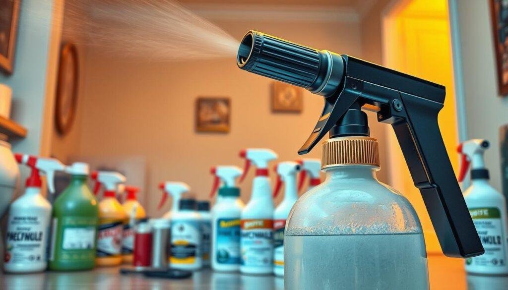A meticulously detailed image of a chemical pest control setup in a domestic setting. In the foreground, a professional-grade insecticide sprayer filled with a potent solution, its nozzle poised to unleash a targeted mist. In the middle ground, various pesticide canisters and applicators arranged neatly, their labels showcasing a variety of chemical formulations. The background depicts a well-lit interior, with clean surfaces and a sense of precision, capturing the systematic approach to eliminating palmetto bugs. Soft, warm lighting accentuates the clinical, yet effective, nature of this chemical pest control solution.