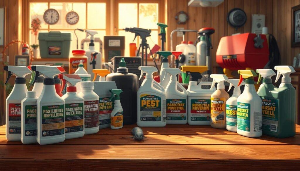 A neatly arranged display of various pest control products on a wooden table, illuminated by warm, natural lighting. In the foreground, a selection of insecticides, rodenticides, and repellents in sleek packaging, showcasing their effectiveness. The middle ground features a variety of traps and baits, while the background includes larger equipment like sprayers and foggers, suggesting a comprehensive solution for American homeowners. The overall scene conveys a sense of professionalism and practicality, reflecting the rising pest challenges faced by modern households. A neatly arranged display of various pest control products on a wooden table, illuminated by warm, natural lighting. In the foreground, a selection of insecticides, rodenticides, and repellents in sleek packaging, showcasing their effectiveness. The middle ground features a variety of traps and baits, while the background includes larger equipment like sprayers and foggers, suggesting a comprehensive solution for American homeowners. The overall scene conveys a sense of professionalism and practicality, reflecting the rising pest challenges faced by modern households.