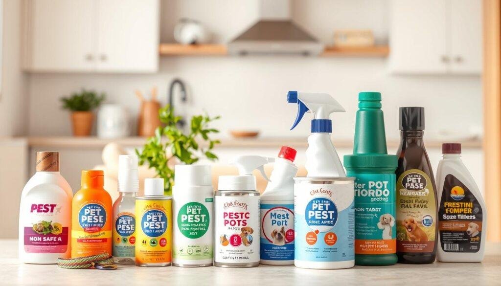 A neatly arranged still life scene showcasing an assortment of commercial pet-friendly pest control products. In the foreground, various bottles, cans, and packages featuring prominent "pet safe" and "non-toxic" labels are displayed on a clean, neutral-toned surface. The middle ground features a few household objects like a pet food bowl, a leash, and a small potted plant, creating a homely, domestic atmosphere. The background is softly blurred, hinting at a warm, well-lit indoor setting, perhaps a kitchen or living room. The lighting is natural and diffused, casting gentle shadows and highlights to accentuate the textures and colors of the products. The overall mood is one of safety, care, and a harmonious coexistence between pets and effective pest control solutions.