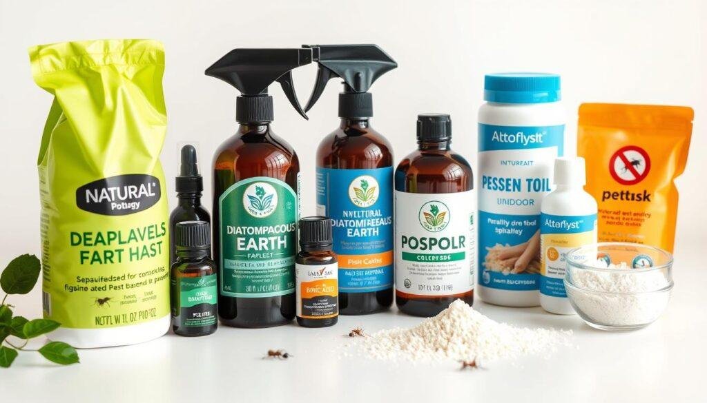 A well-lit product shot of various natural, plant-based pest control products for indoor use, including diatomaceous earth, essential oil sprays, and boric acid powder. The items are neatly arranged on a clean, white background, creating a professional, informative look. The lighting is soft and even, emphasizing the textures and colors of the products. The camera angle is slightly elevated to provide a clear, unobstructed view of the items. The overall mood is one of safety, effectiveness, and environmental friendliness, conveying the message of pet-safe pest control solutions for American households.