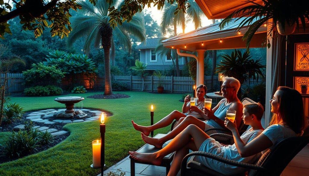 Outdoor mosquito protection: a lush, verdant Florida yard in the golden hour, with a family relaxing on a patio, sipping chilled drinks and wearing lightweight, breathable clothing. Strategically placed citronella candles and torches cast a warm, ambient glow, warding off pesky mosquitoes. In the background, a well-maintained landscape with native plants and a small water feature, carefully designed to minimize mosquito breeding grounds. Soft shadows play across the scene, creating a tranquil, serene atmosphere, perfect for enjoying the outdoors during the rainy season. Outdoor mosquito protection: a lush, verdant Florida yard in the golden hour, with a family relaxing on a patio, sipping chilled drinks and wearing lightweight, breathable clothing. Strategically placed citronella candles and torches cast a warm, ambient glow, warding off pesky mosquitoes. In the background, a well-maintained landscape with native plants and a small water feature, carefully designed to minimize mosquito breeding grounds. Soft shadows play across the scene, creating a tranquil, serene atmosphere, perfect for enjoying the outdoors during the rainy season.